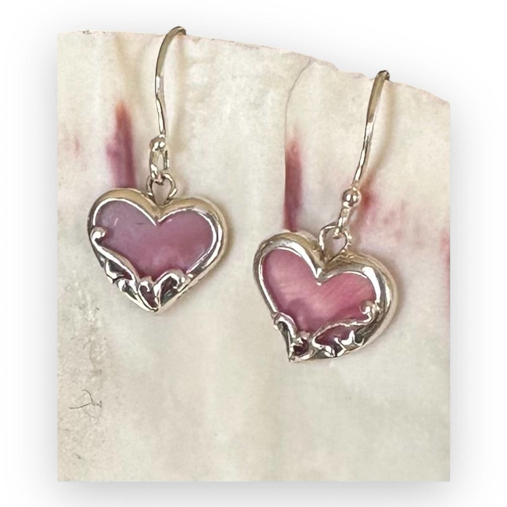 Boma Heart Earrings Pink Shell Irridescent Tiny Dainty Sterling Silver 925
